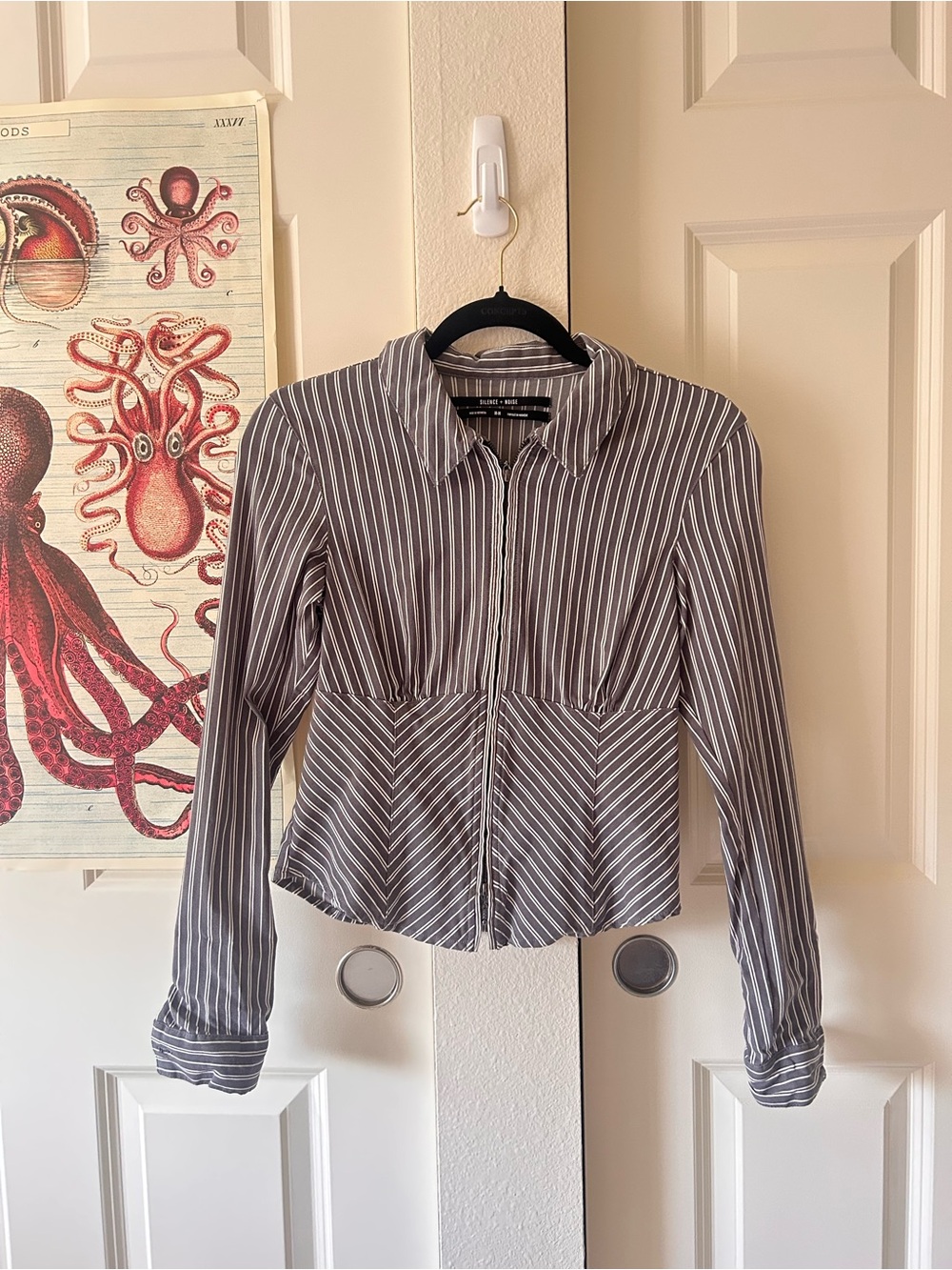 Urban Outfitters BDG Gray and White Striped Zip-Front Button Down